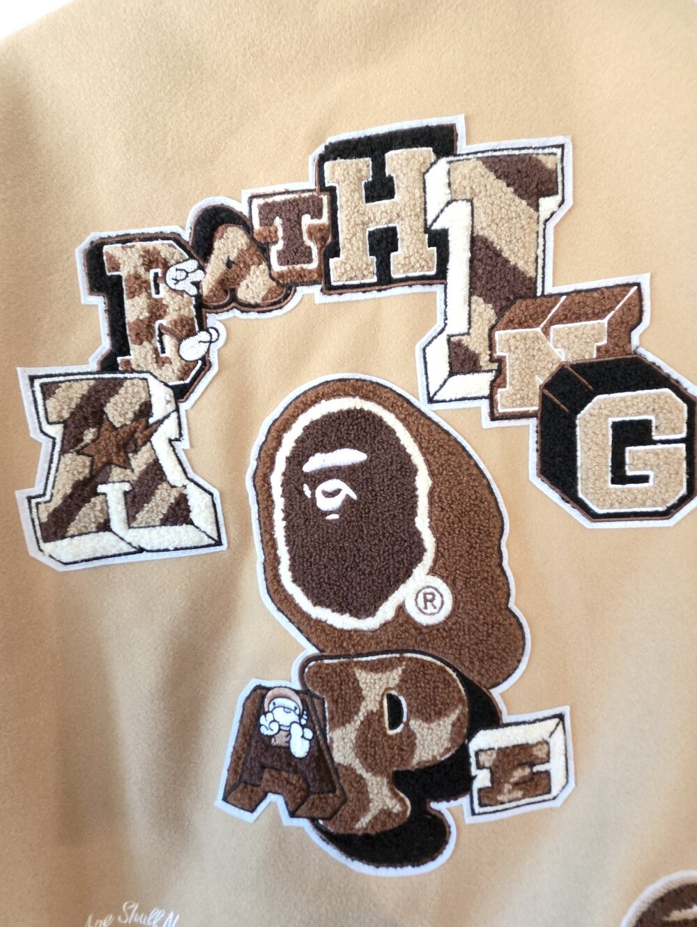 A BATHING APE BAPE MULTI MOTIF VARSITY JACKET BEIGE SIZE XXL (NWT) - Picture 7 of 14